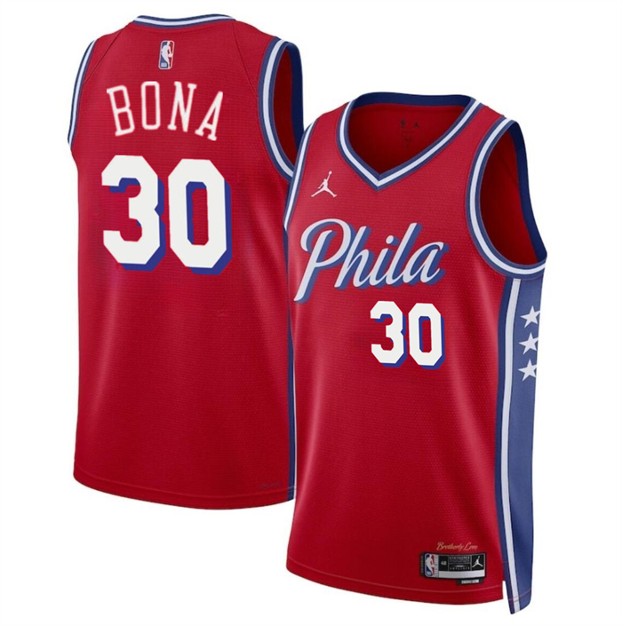 Men's Philadelphia 76ers #30 Adam Bona Red 2024 Draft Statement Edition Stitched Jersey
